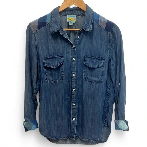C&C CALIFORNIA CHAMBRAY BUTTON DOWN TENCEL TOP PLAID ACCENTS Size XS - Picture 1 of 10